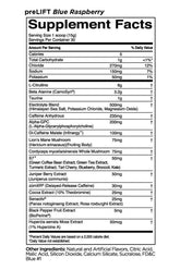 Prelift Blue Raspberry Supplement Facts showing ingredients and nutritional information for pre-workout energy support.
